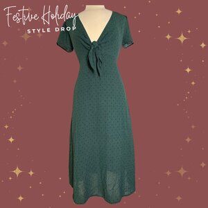 Anna Grace Green Polka Dot Midi Dress Tie Front V-Neck Short Sleeve Small
